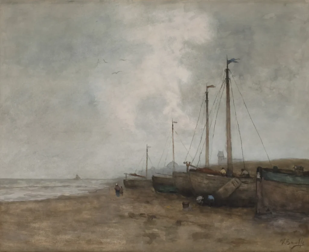 Victor Bauffe – Bomschuiten op het strand van Scheveningen met het Kuhrhaus in het verschiet