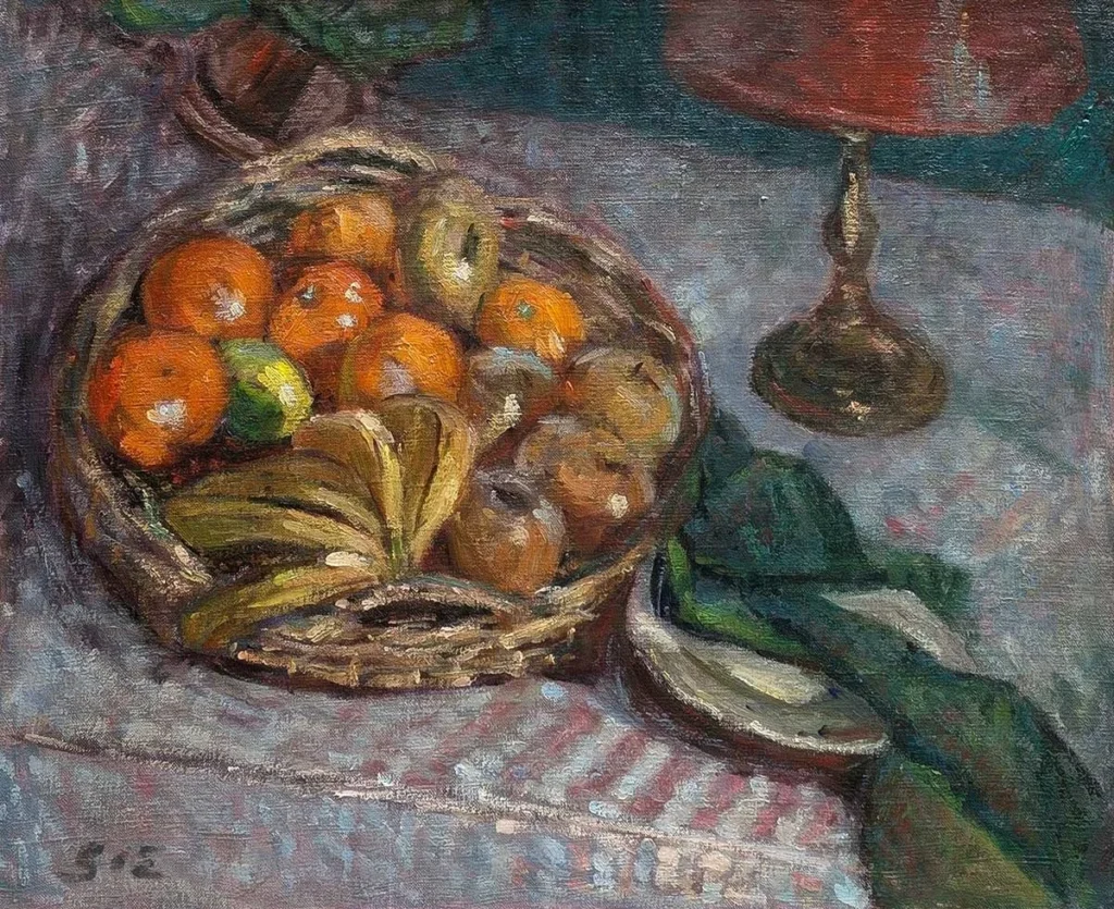 Georges Espagnat – Stilleven met fruit en lamp op een tafel