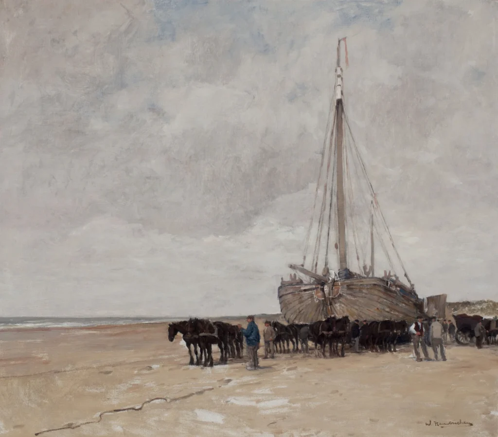 Wilhelm Hambuchen – Bomschuit met sleperspaarden op het strand van Katwijk aan Zee